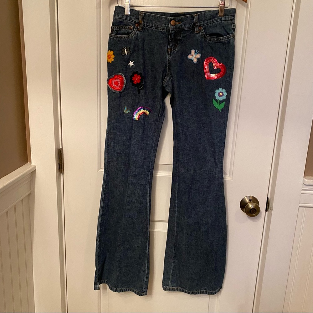 LONDON JEAN BLUE DENIM JEANS WIDE LEG BELL BOTTOM FLOWER SEQUINS PATCHES SIZE 4